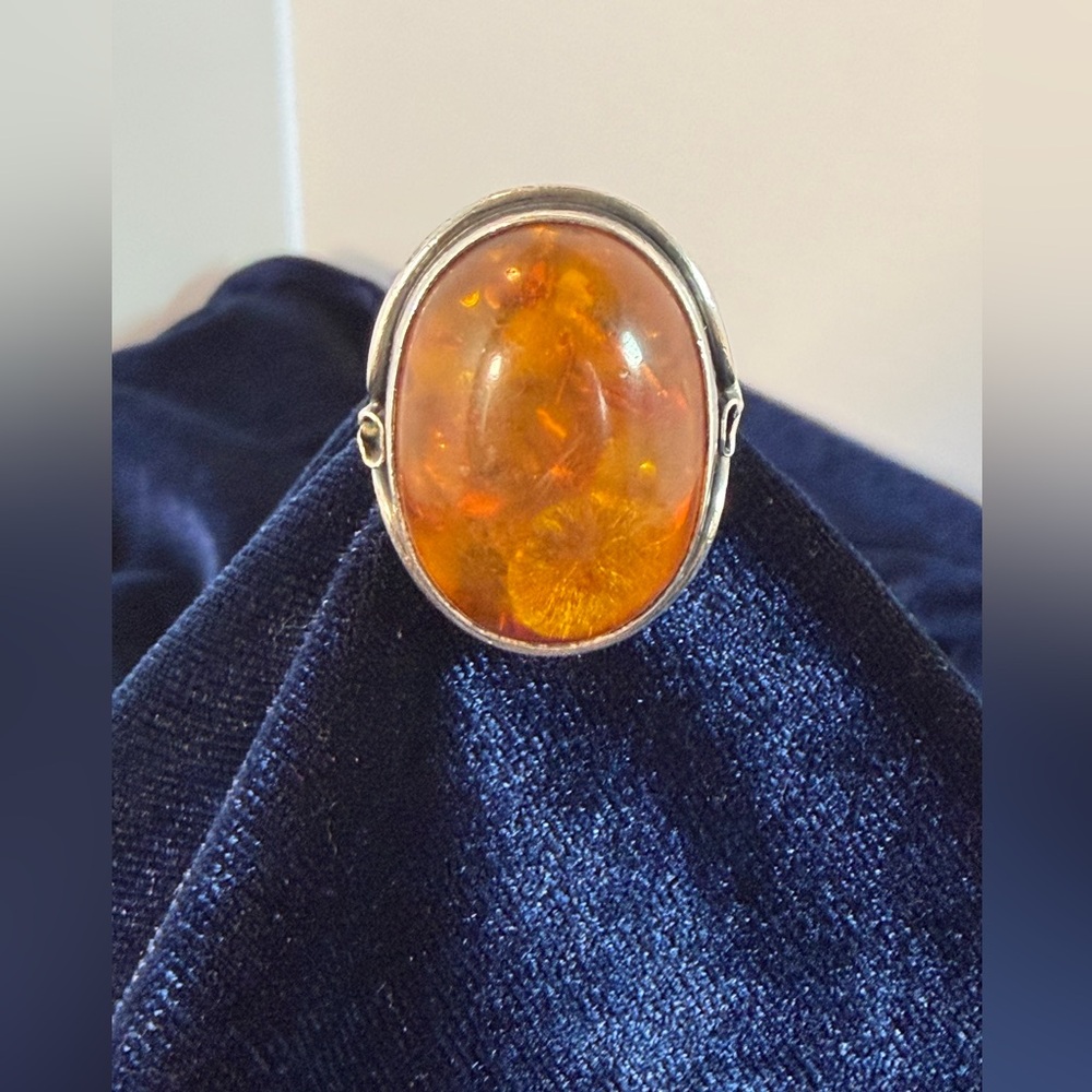 Vintage Amber Cabochon Ring Size 8.25 Silver Artisan Setting